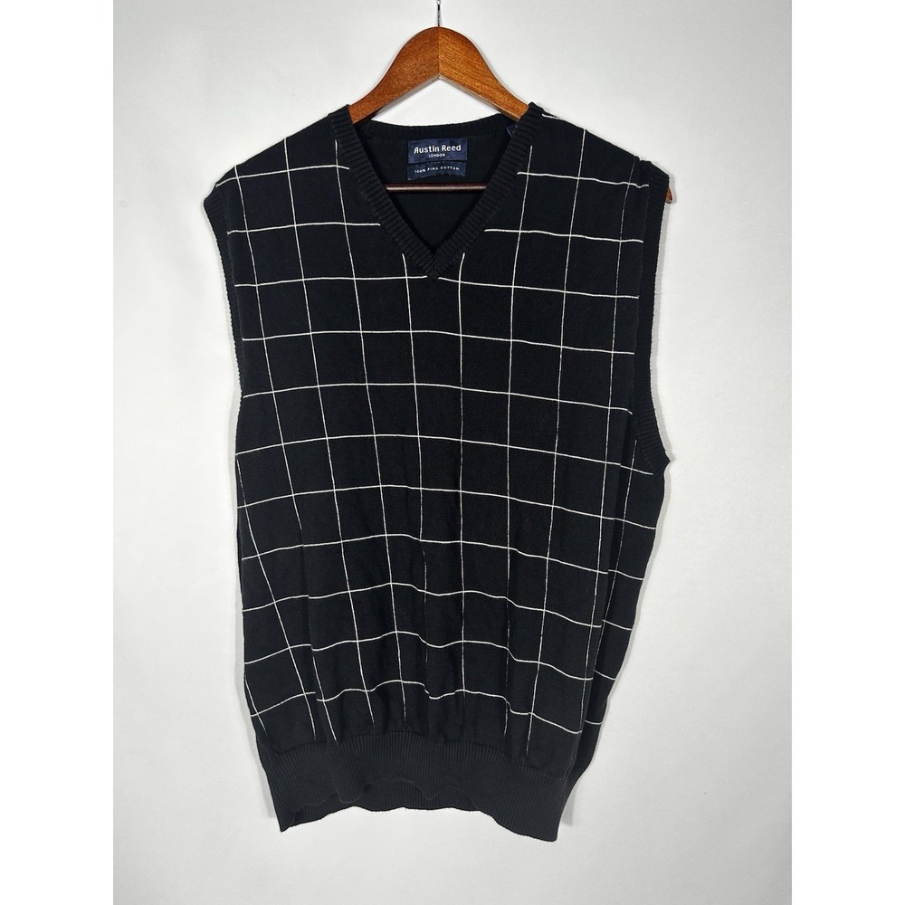 Austin Reed Pima Cotton Sweater Vest Mens L  Window Pane Knit Preppy Academia